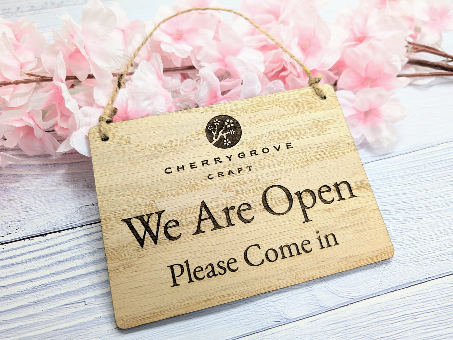 Personalised 'We Are Open, Please Come In' Wooden Sign - Custom Logo Welcome Sign - Available in 4 Sizes - Shop Sign, Office Door Sign, Bulk