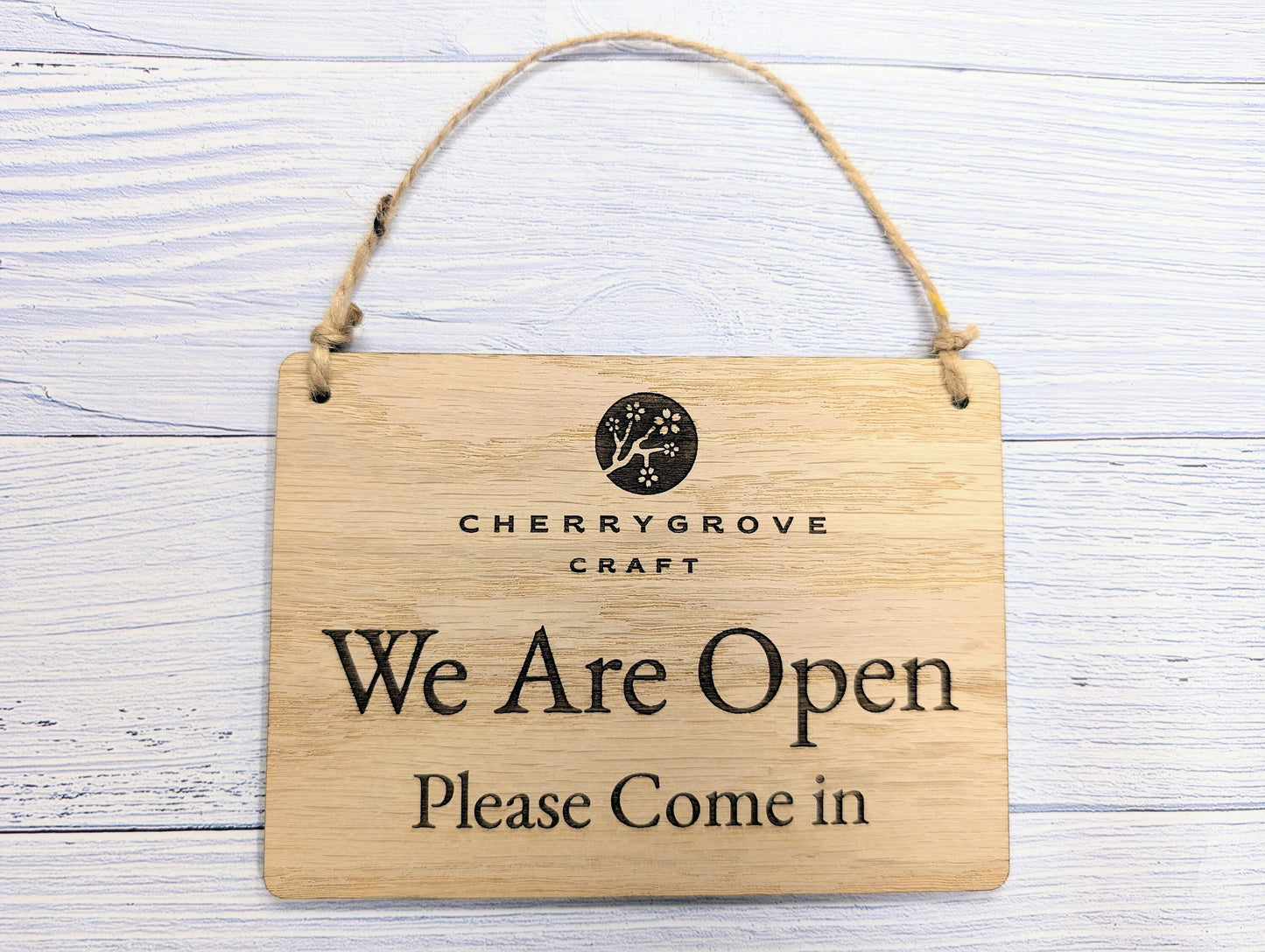 Personalised 'We Are Open, Please Come In' Wooden Sign - Custom Logo Welcome Sign - Available in 4 Sizes - Shop Sign, Office Door Sign, Bulk