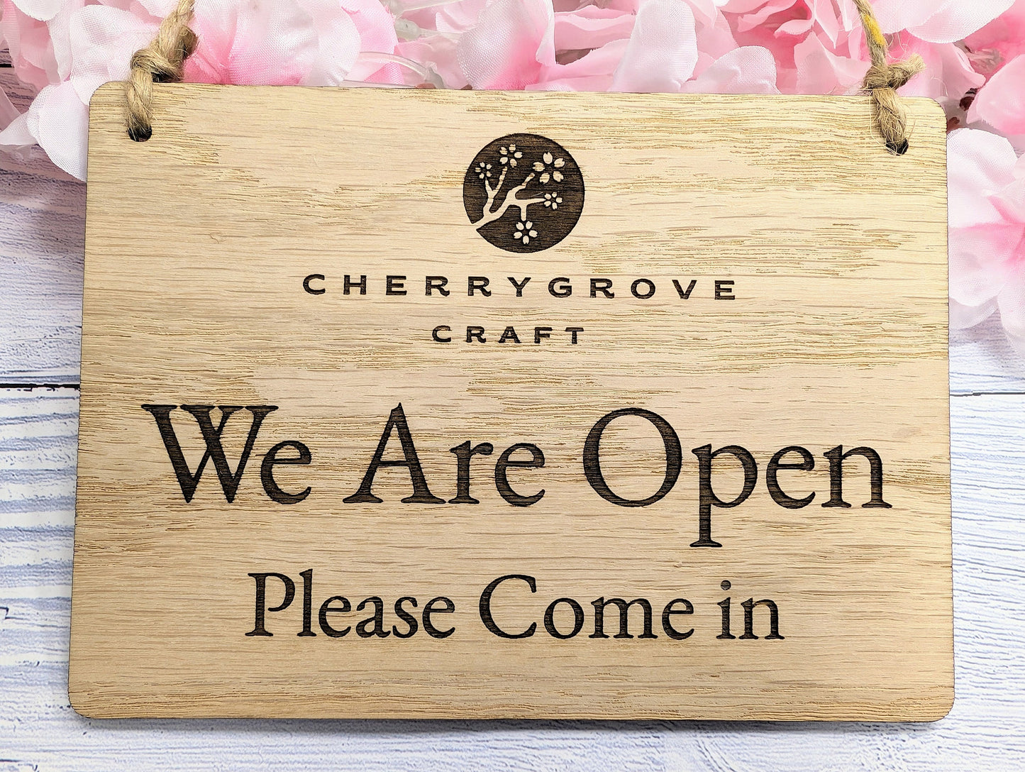 Personalised 'We Are Open, Please Come In' Wooden Sign - Custom Logo Welcome Sign - Available in 4 Sizes - Shop Sign, Office Door Sign, Bulk