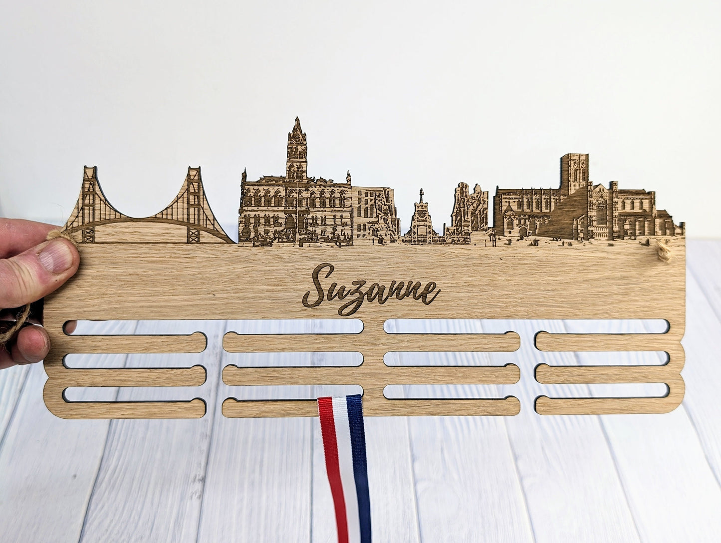 Chester Skyline Wooden Medal Hanger – Personalise with Your Name | Eco-Friendly Wood | Celebrating Chester’s Landmarks, Marathon, Ultra