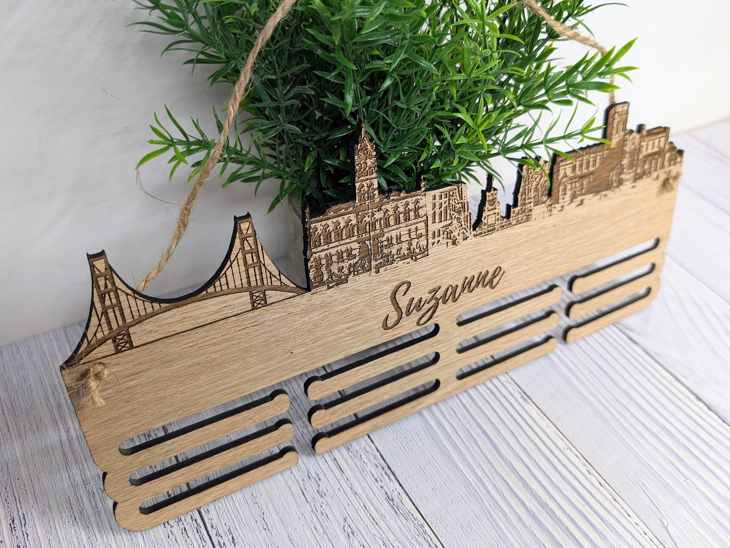 Chester Skyline Wooden Medal Hanger – Personalise with Your Name | Eco-Friendly Wood | Celebrating Chester’s Landmarks, Marathon, Ultra