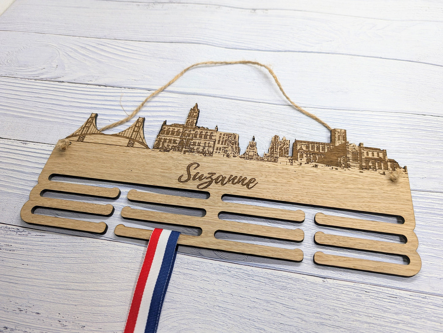 Chester Skyline Wooden Medal Hanger – Personalise with Your Name | Eco-Friendly Wood | Celebrating Chester’s Landmarks, Marathon, Ultra