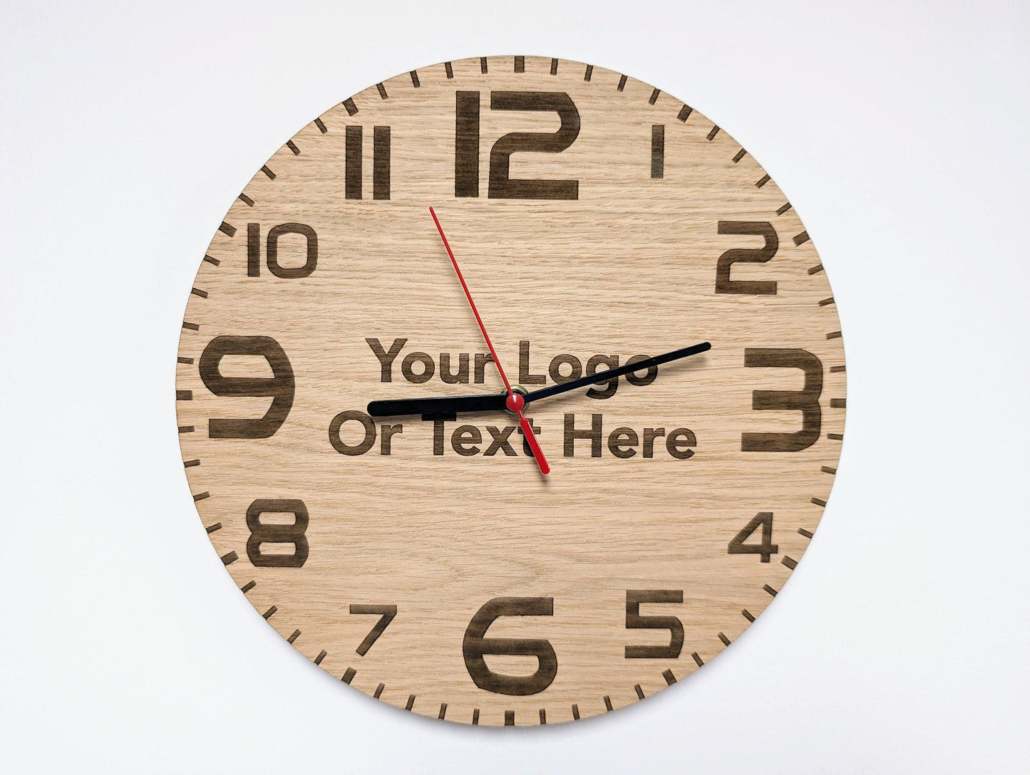 Bespoke Engraved Wooden Clock - Personalised Text & Logo - Personalised Branded Wall Clock