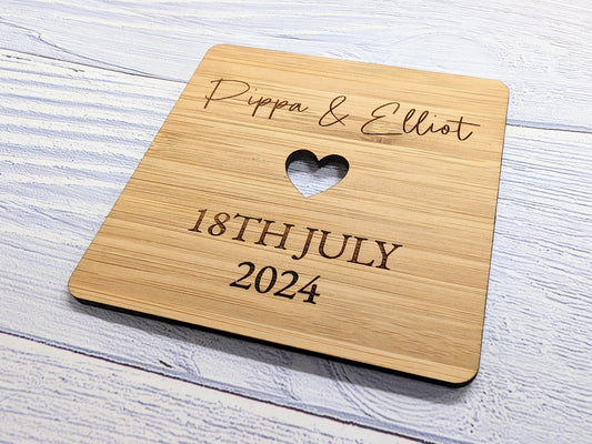 Personalised Bamboo Wedding Coasters - Customizable with Names, Date & Heart Design, 90mm x 90mm, Unique Wedding Favors