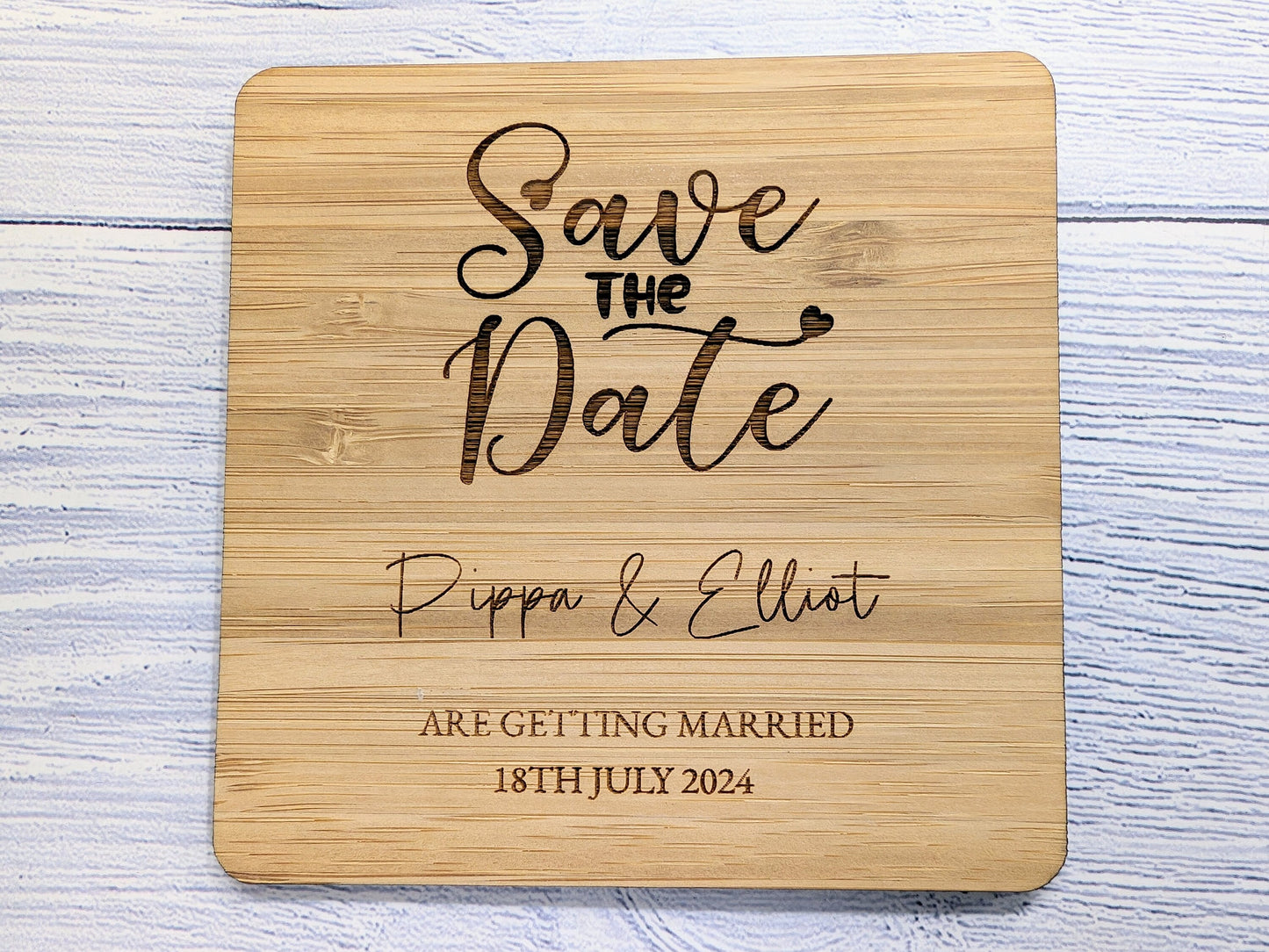 Bespoke 'Save The Date' Bamboo Coasters - Custom with Names & Date