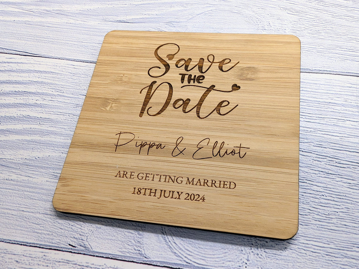 Personalised bamboo save the date coaster with botanical leaf motif, 90mm, laser engraved