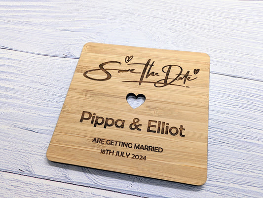 Custom 'Save The Date' Bamboo Coasters - Personalised with Names & Date