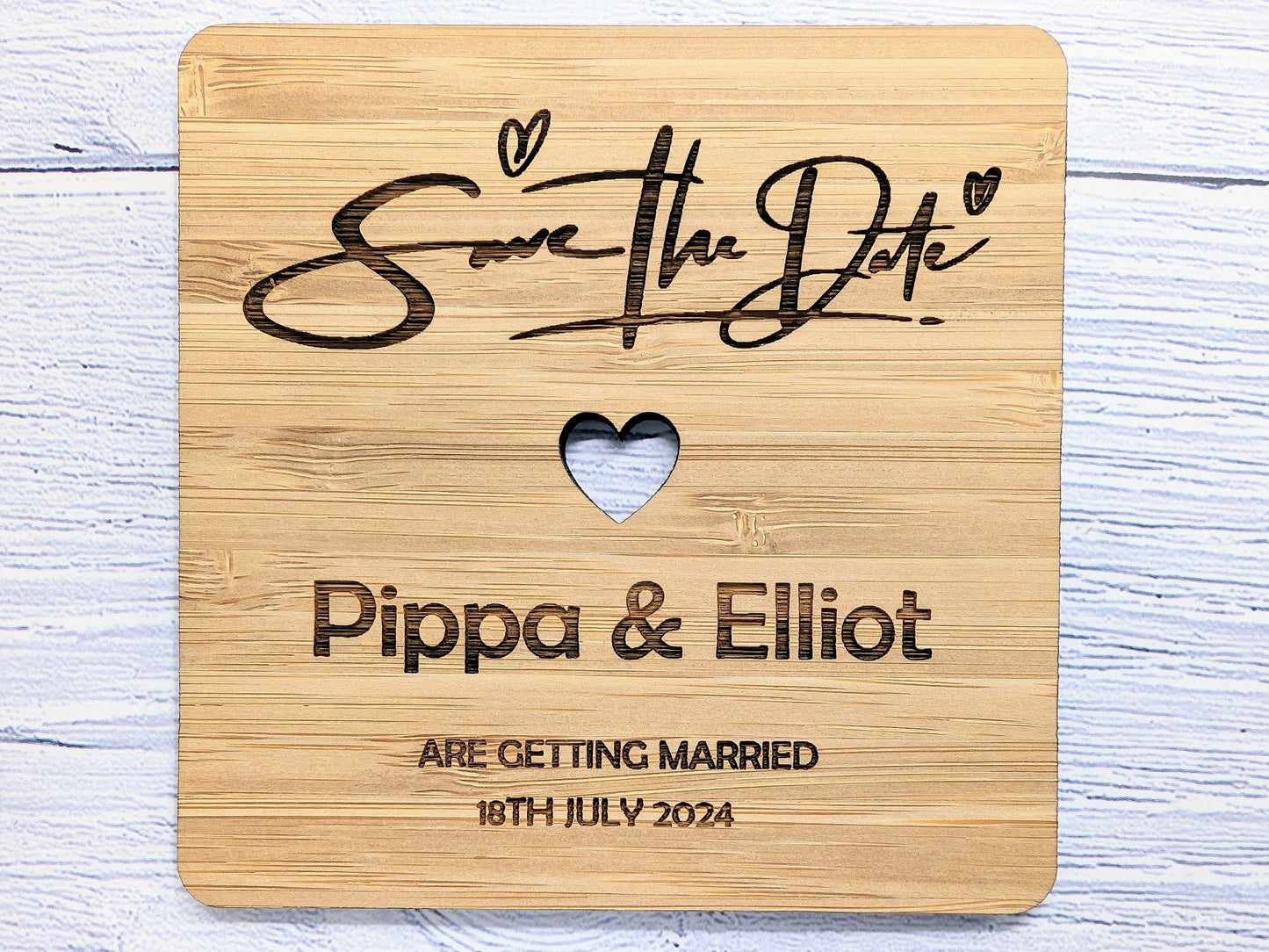 Custom 'Save The Date' Bamboo Coasters - Personalised with Names & Date