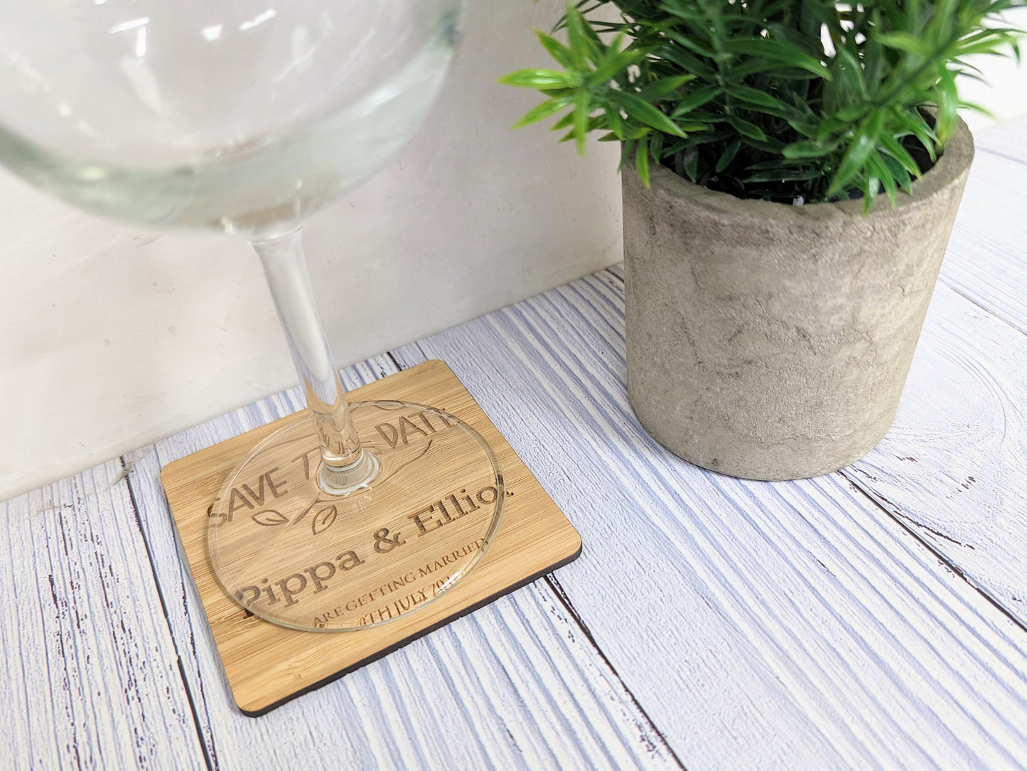 Bespoke 'Save The Date' Bamboo Coasters -  Customised with Names & Date