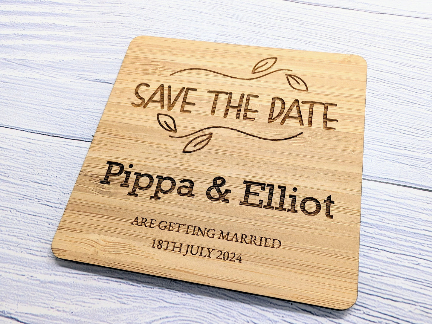 Bespoke 'Save The Date' Bamboo Coasters -  Customised with Names & Date