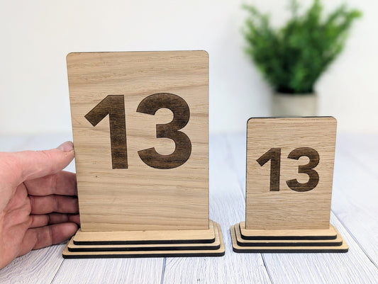 Wooden Table Number Signs, Freestanding, Removable Base, Available Single or Double-Sided, 2 Sizes