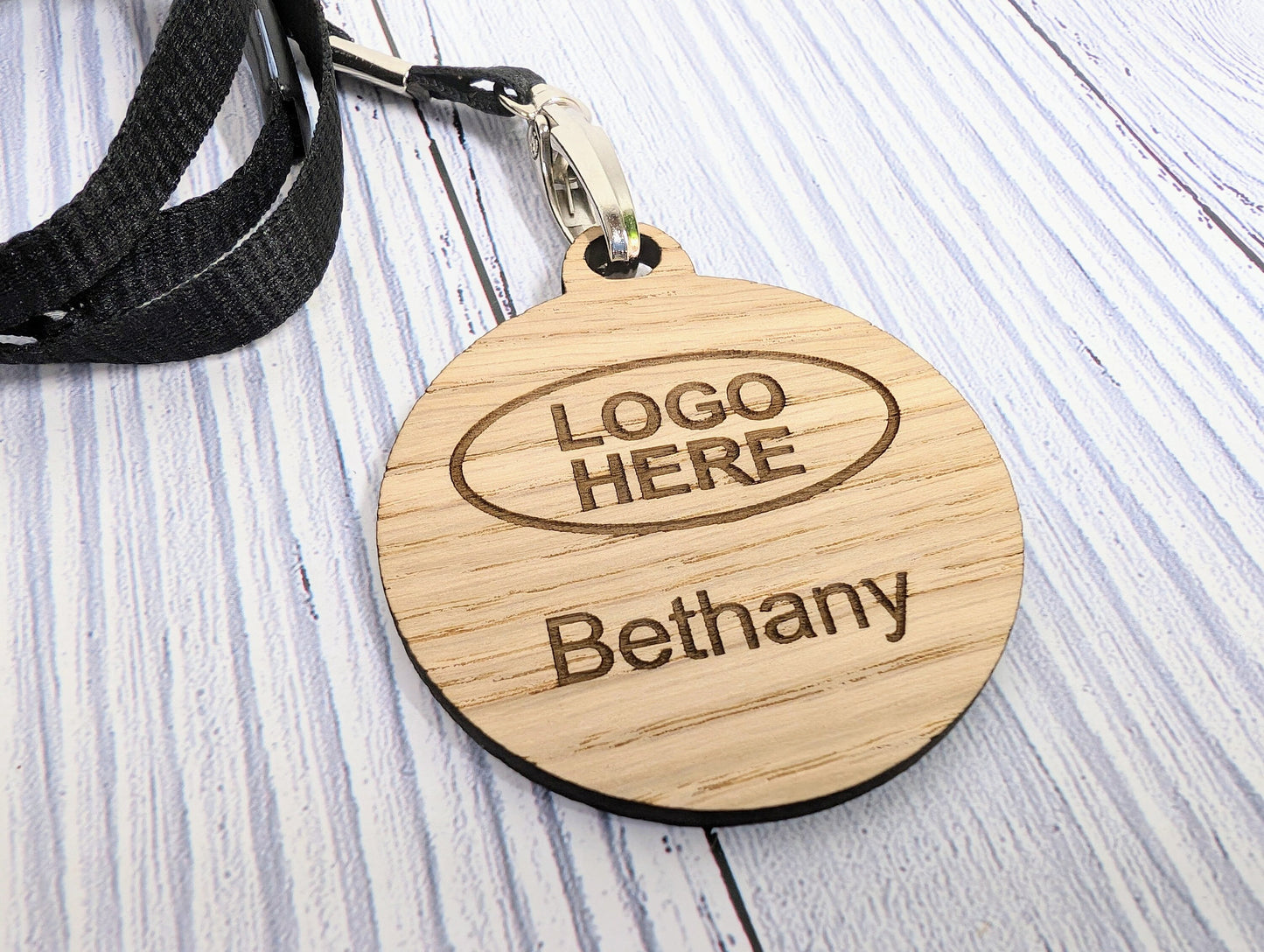 Name Badges, Eco-Friendly Round Staff ID Tags with Lanyards - Customisable with Logo, & Text, 60mm x 70mm, Bulk Discounts, Personalised Tags