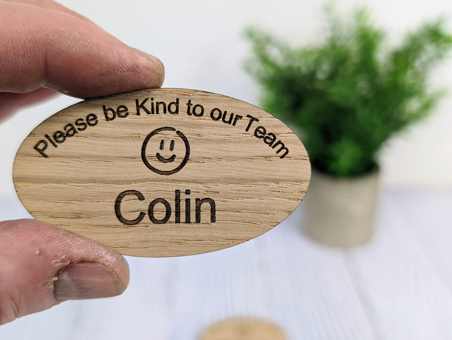 Personalised Oak Veneer Name Badge - Eco-Friendly, Oval 'Please Be Kind to Our Team' - Customisable for Company Name & Job Title