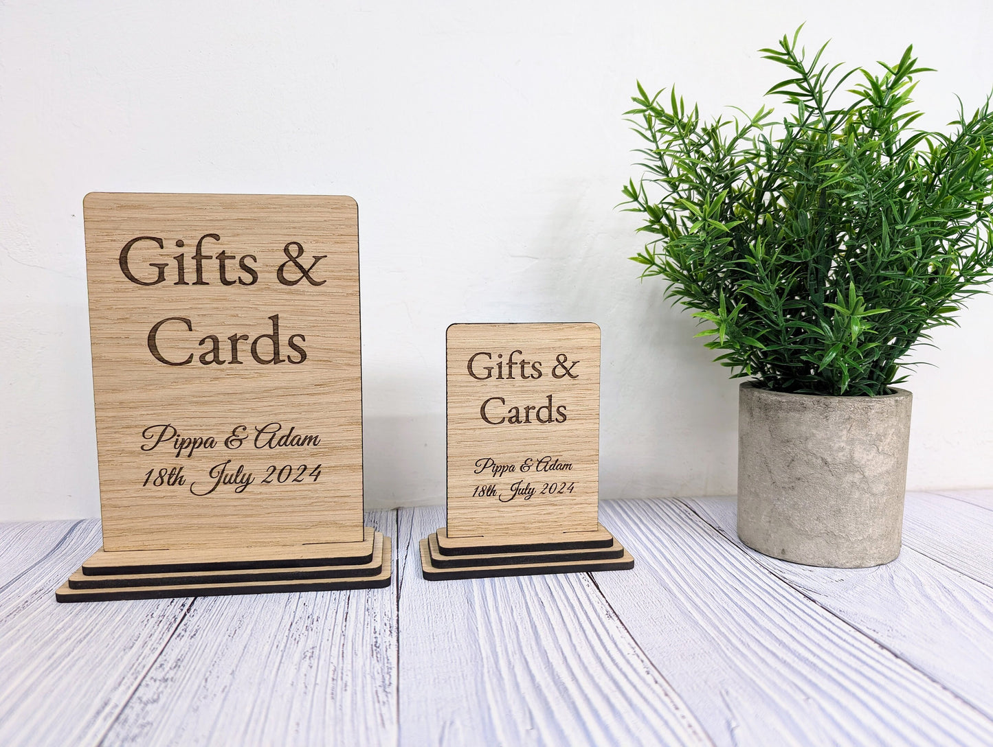 Personalised 'Gifts & Cards' Wooden Sign for Weddings and Parties - Eco-Friendly Freestanding Display with Couple's Name and Date