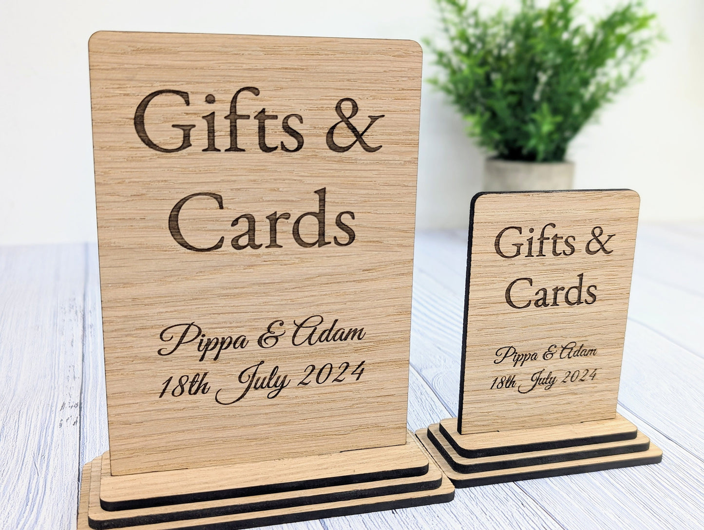 Personalised 'Gifts & Cards' Wooden Sign for Weddings and Parties - Eco-Friendly Freestanding Display with Couple's Name and Date