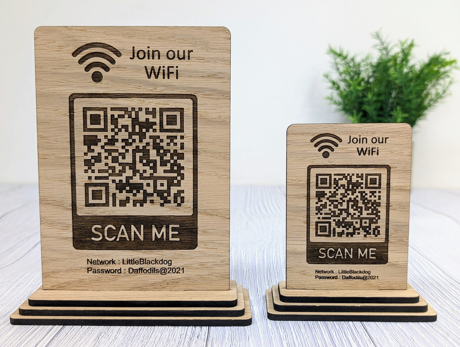 Wooden WiFi QR code sign — oak veneered MDF, 2 sizes, single or double-sided