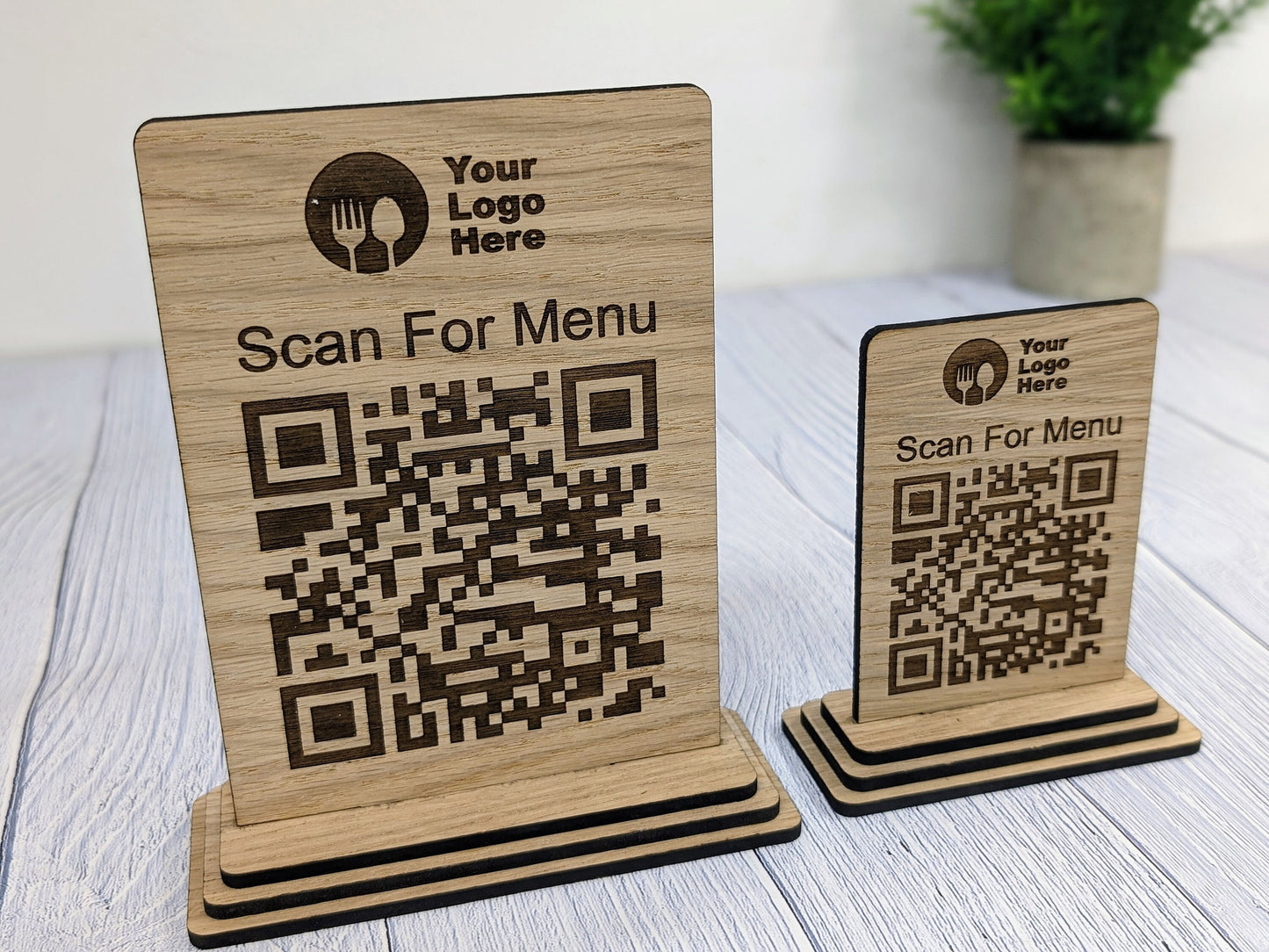 QR Code 'Scan for Menu' Wooden Sign - Add Your Logo, Ideal for Restaurants, Bars, Cafes, Hotels, Eco-Friendly, Custom Design in 2 Sizes