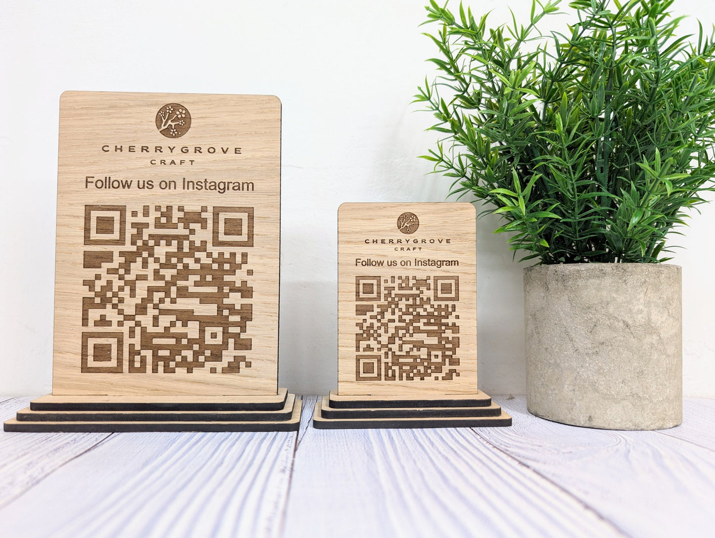 Follow Us on Instagram - QR Code - Custom Wooden Table Sign, Personalised Logo & Social Media Link, Eco-Friendly, Business Use, 2 Sizes