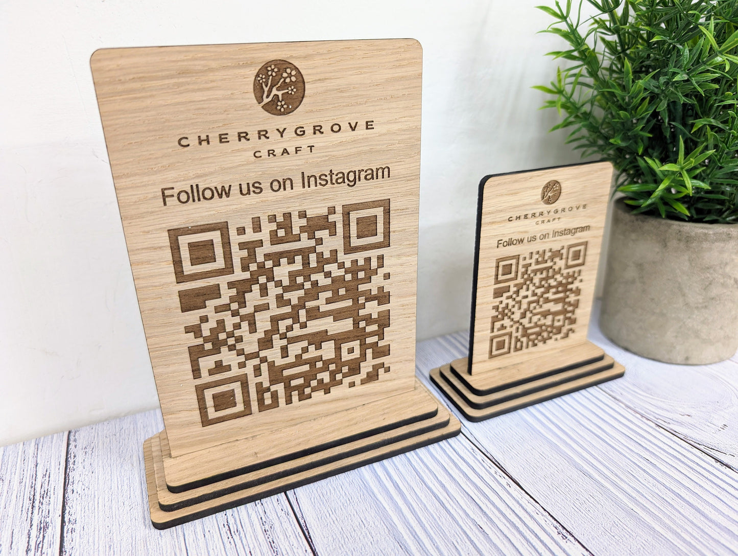 Follow Us on Instagram - QR Code - Custom Wooden Table Sign, Personalised Logo & Social Media Link, Eco-Friendly, Business Use, 2 Sizes