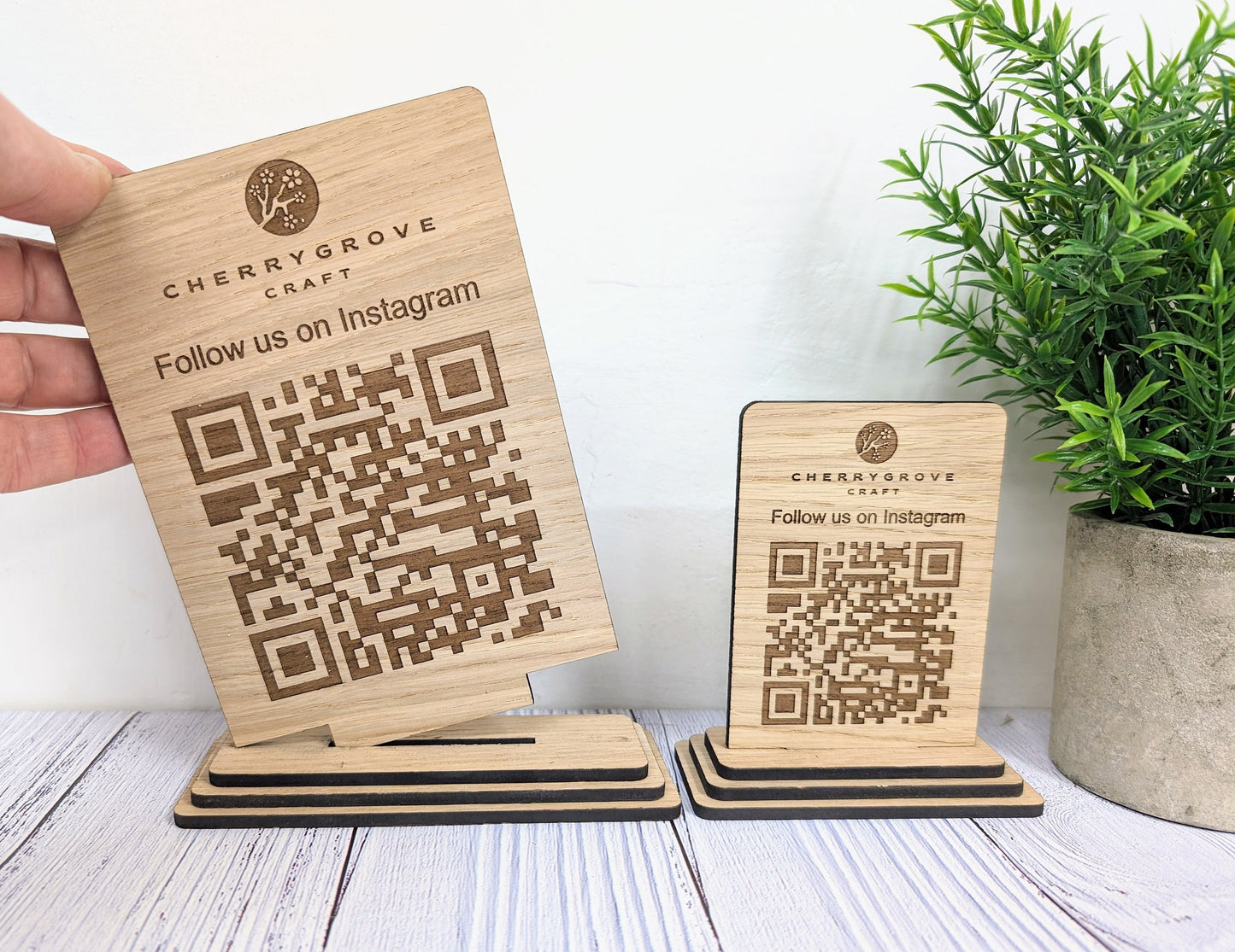 Follow Us on Instagram - QR Code - Custom Wooden Table Sign, Personalised Logo & Social Media Link, Eco-Friendly, Business Use, 2 Sizes