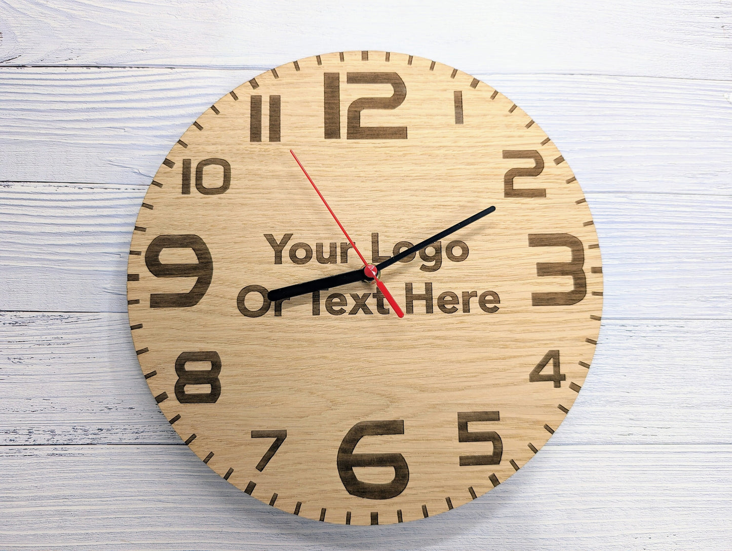 Bespoke Engraved Wooden Clock - Personalised Text & Logo - Personalised Branded Wall Clock