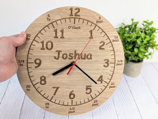 Personalised Wooden Time Teaching Clock, Learn to Tell Time with Custom Name Engraving - Eco-Friendly Child's Educational Toy, Made in Wales