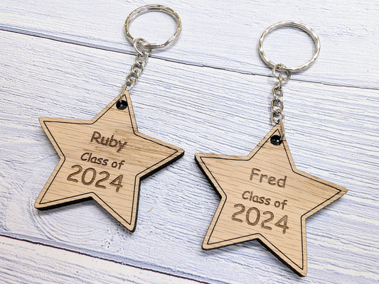 Personalised 'You're a Star - Class of xx' Wood Keyring - Wooden Student Gift, End of Year - Custom Name Engraved - Eco Gift for Students