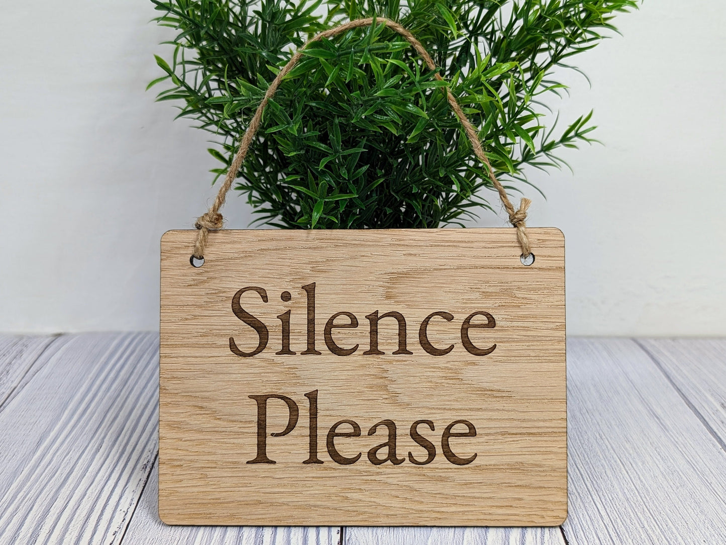 Silence Please - Personalised Wooden Sign - Custom Quiet Area Decor for Libraries, Spas, Study Rooms, Homes, Oak Veneer, Hanging Wall Art