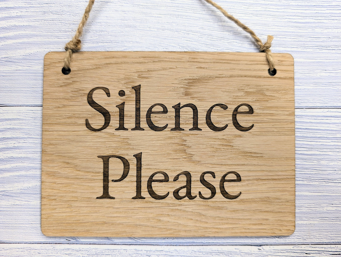 Silence Please - Personalised Wooden Sign - Custom Quiet Area Decor for Libraries, Spas, Study Rooms, Homes, Oak Veneer, Hanging Wall Art