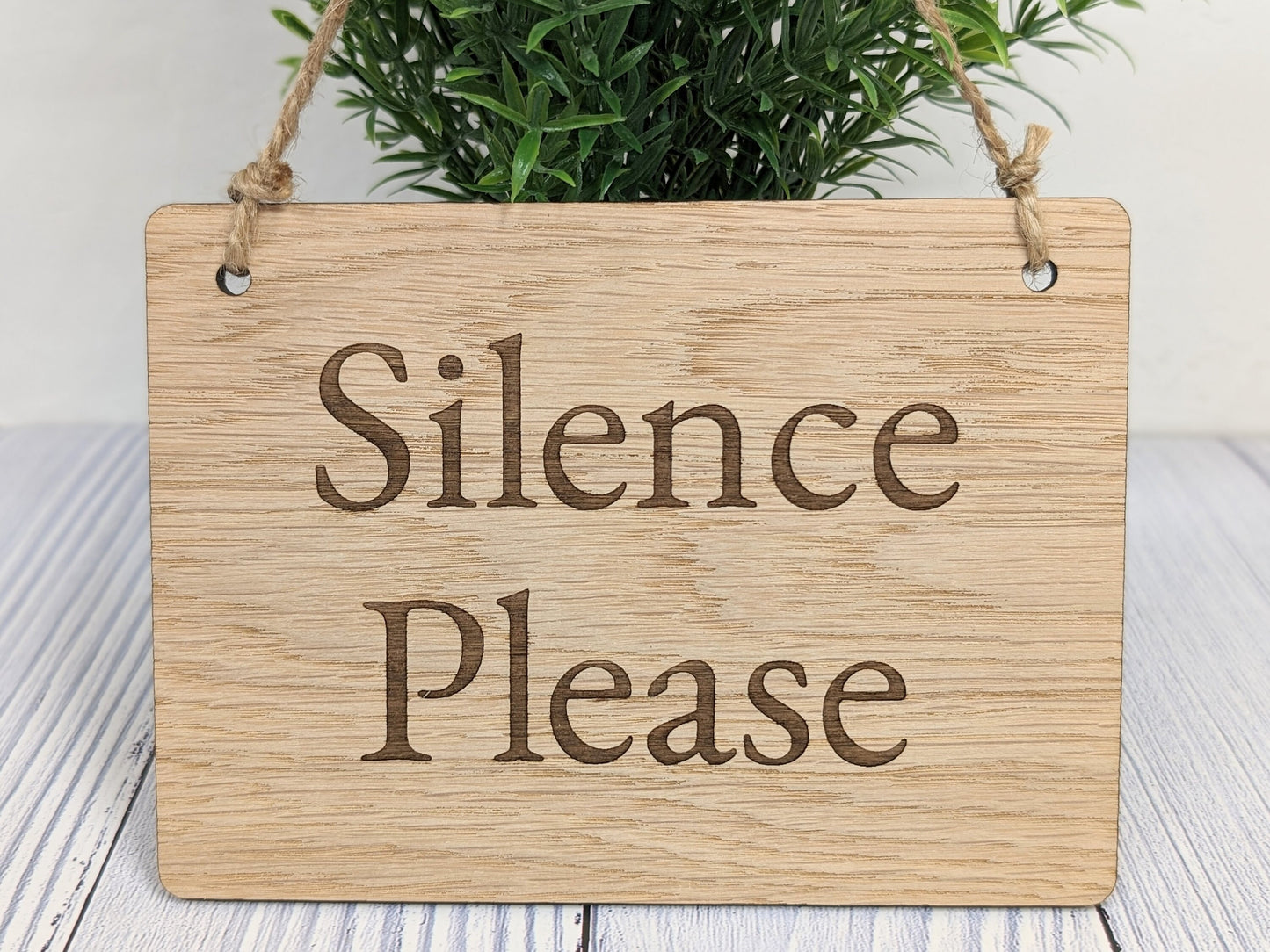 Silence Please - Personalised Wooden Sign - Custom Quiet Area Decor for Libraries, Spas, Study Rooms, Homes, Oak Veneer, Hanging Wall Art