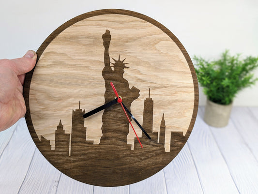 New York Skyline Wooden Clock - Urban Chic Wall Decor, Stylish Cityscape Timepiece, Oak Veneer, Engraved Skyline, NYC Wall Art