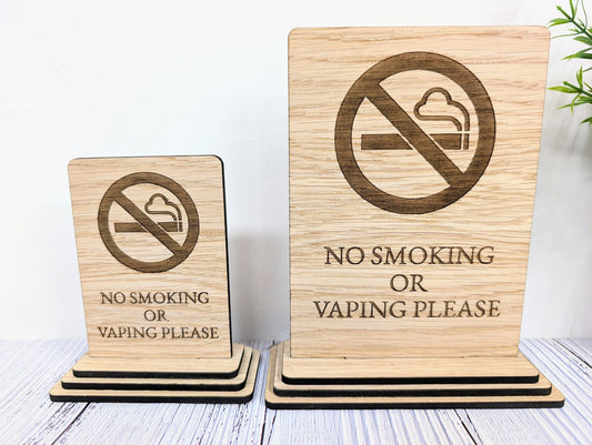 Freestanding "No Smoking or Vaping Please" Wooden Table Sign, Oak Finish, Ideal for Cafes, Restaurants & Public Spaces etc, 2 Sizes, Signage