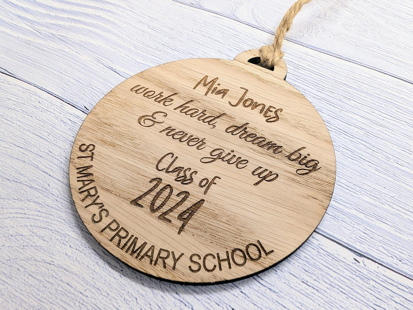 Custom Student Recognition Bauble - End of Year/Term Gift, Bespoke Wooden Ornament with Personalised Name, Message, School, & Year