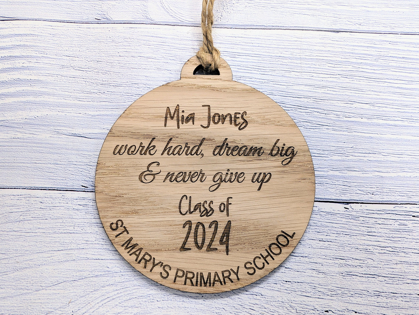 Custom Student Recognition Bauble - End of Year/Term Gift, Bespoke Wooden Ornament with Personalised Name, Message, School, & Year