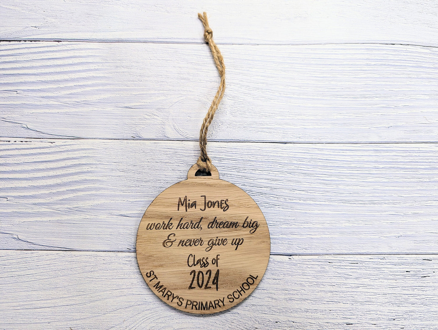 Custom Student Recognition Bauble - End of Year/Term Gift, Bespoke Wooden Ornament with Personalised Name, Message, School, & Year