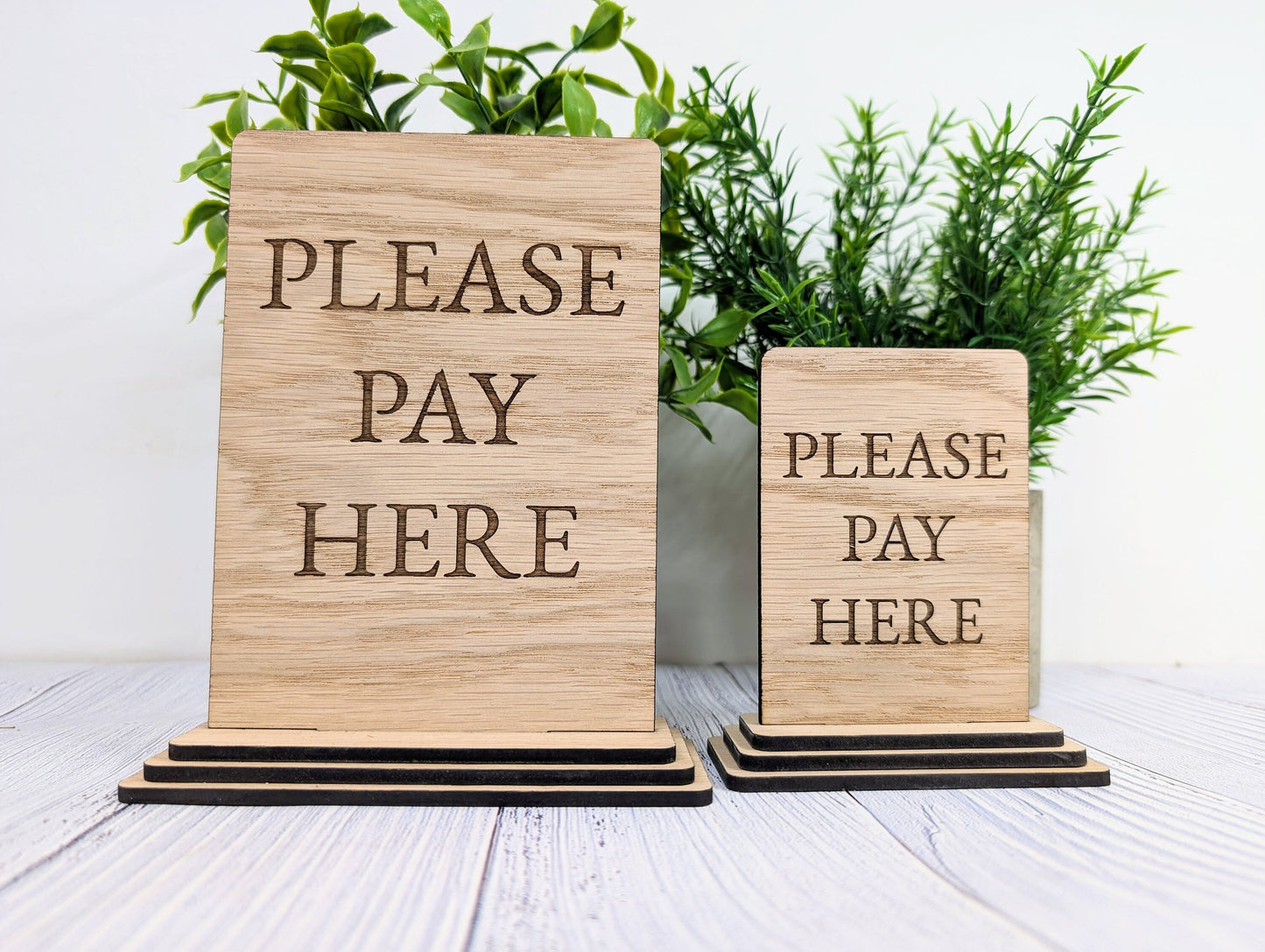 Wooden Freestanding Table Sign 'Please Pay Here' - Perfect for Shops, Cafés, Markets – Available in Two Sizes" Removable Base