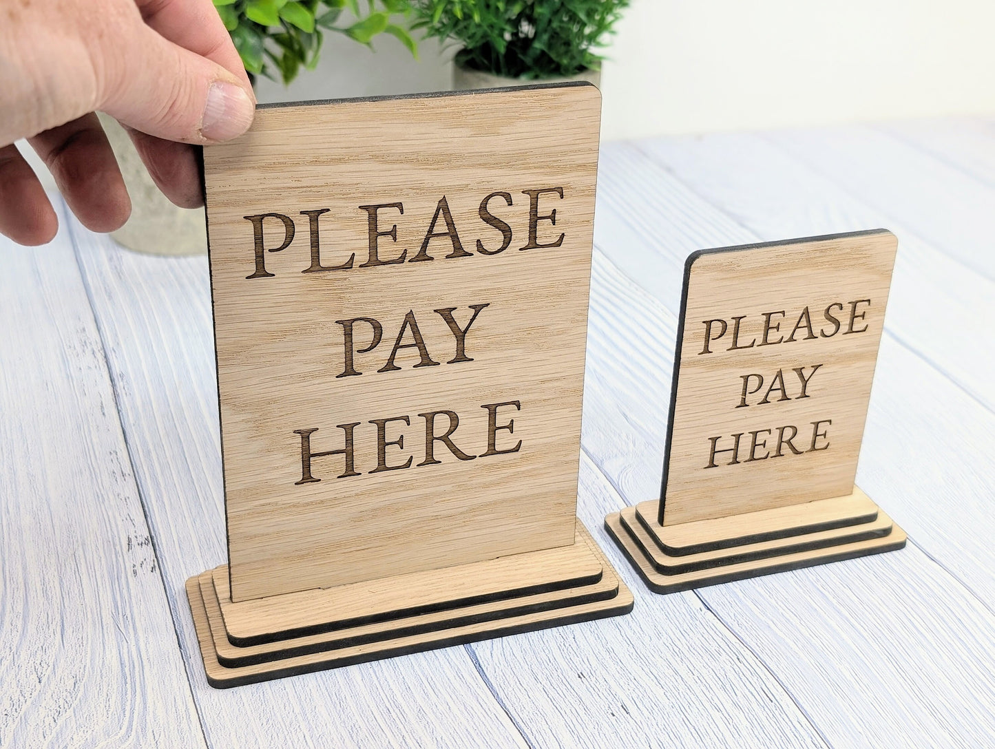 Wooden Freestanding Table Sign 'Please Pay Here' - Perfect for Shops, Cafés, Markets – Available in Two Sizes" Removable Base