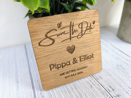 Custom 'Save The Date' Wooden Coasters - Personalised with Names & Date, 90mm x 90mm, Unique Oak Veneer Wedding Favours