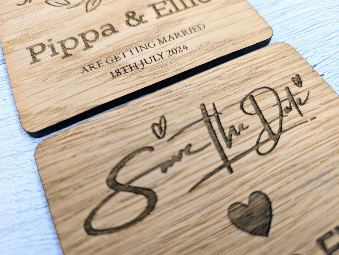 Custom 'Save The Date' Wooden Coasters - Personalised with Names & Date, 90mm x 90mm, Unique Oak Veneer Wedding Favours