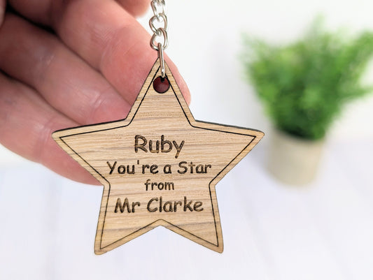 Personalised 'You're a Star' Keyring - Wooden Student Gift, End of Year - Custom Name Engraved - Ideal Gift for Students from Teachers