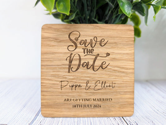 Bespoke 'Save The Date' Oak Veneered Coasters - Custom with Names & Date, 90mm x 90mm, Unique Personalised Wooden Wedding Favours