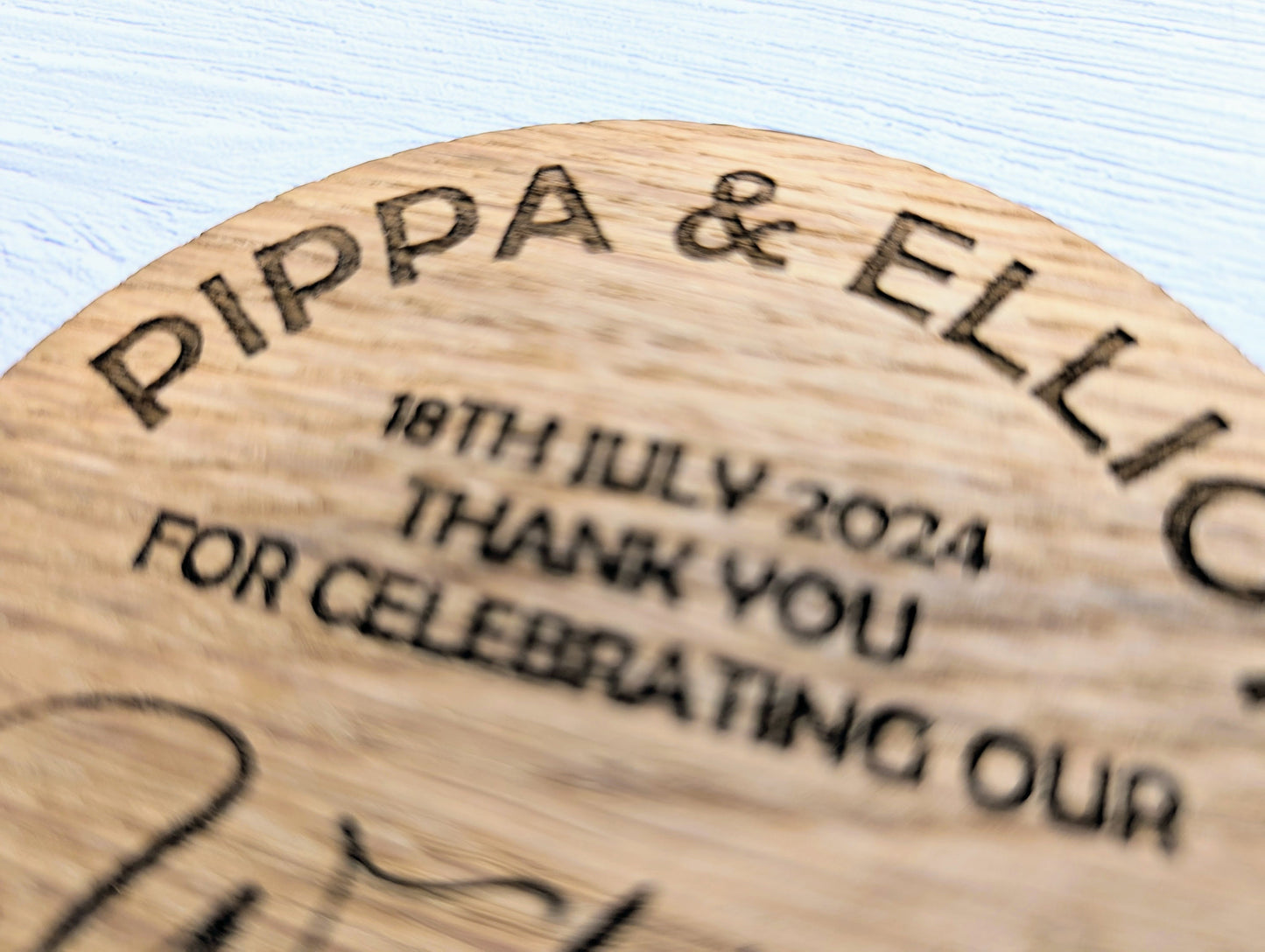 Personalised Wedding Day Oak Veneered Coasters - Round, 100mm Diameter, with Custom Names & Date - Unique Wedding Favours