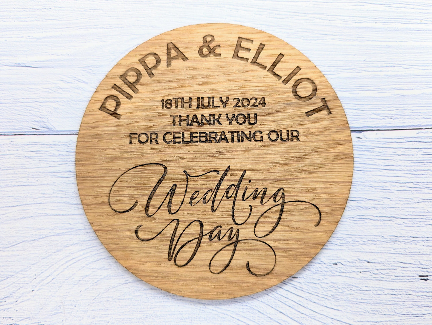 Personalised Wedding Day Oak Veneered Coasters - Round, 100mm Diameter, with Custom Names & Date - Unique Wedding Favours