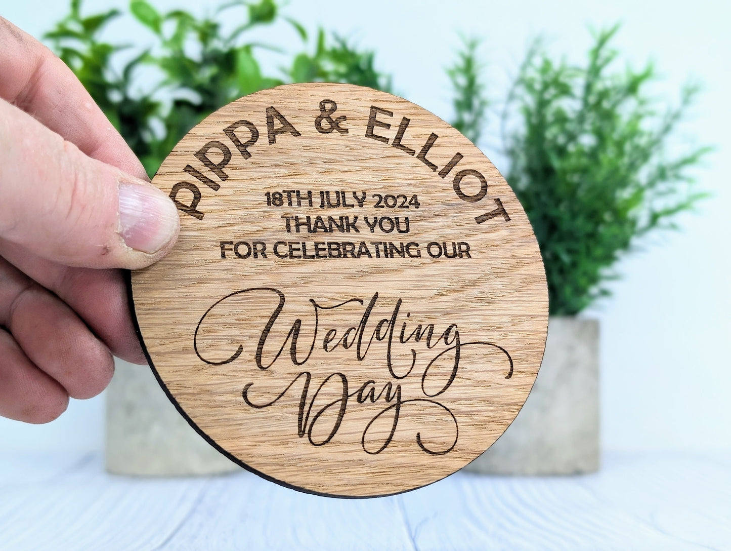 Personalised Wedding Day Oak Veneered Coasters - Round, 100mm Diameter, with Custom Names & Date - Unique Wedding Favours