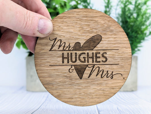 Personalised Mr & Mrs Wedding Day Wooden Coasters - Round, 100mm Diameter, with Custom Names and Date - Unique Oak Veneered Wedding Favours