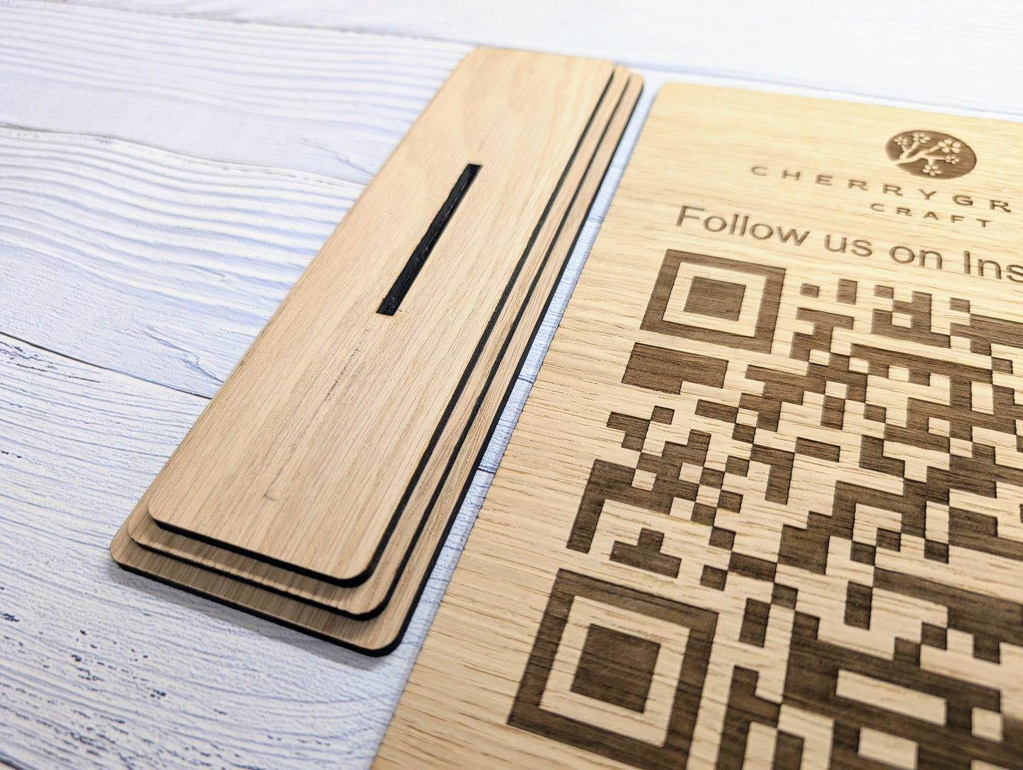 QR Code 'Follow Us on Instagram' Custom XL Wooden Table Sign, Personalised Logo & Social Media Link, Eco-Friendly, Business Use, Extra Large