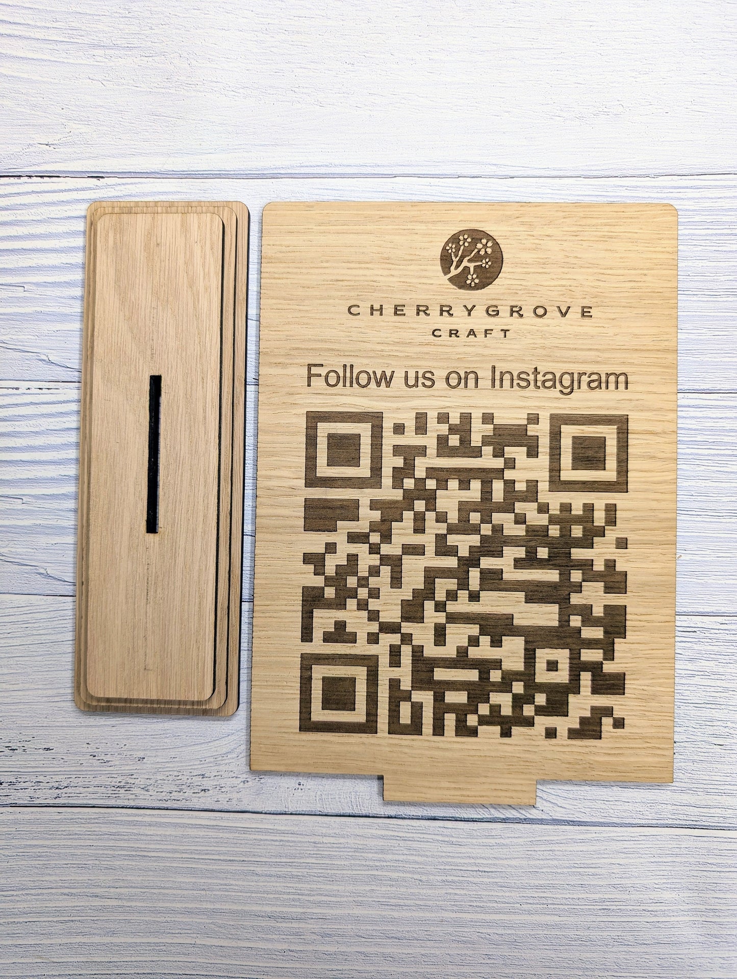 QR Code 'Follow Us on Instagram' Custom XL Wooden Table Sign, Personalised Logo & Social Media Link, Eco-Friendly, Business Use, Extra Large