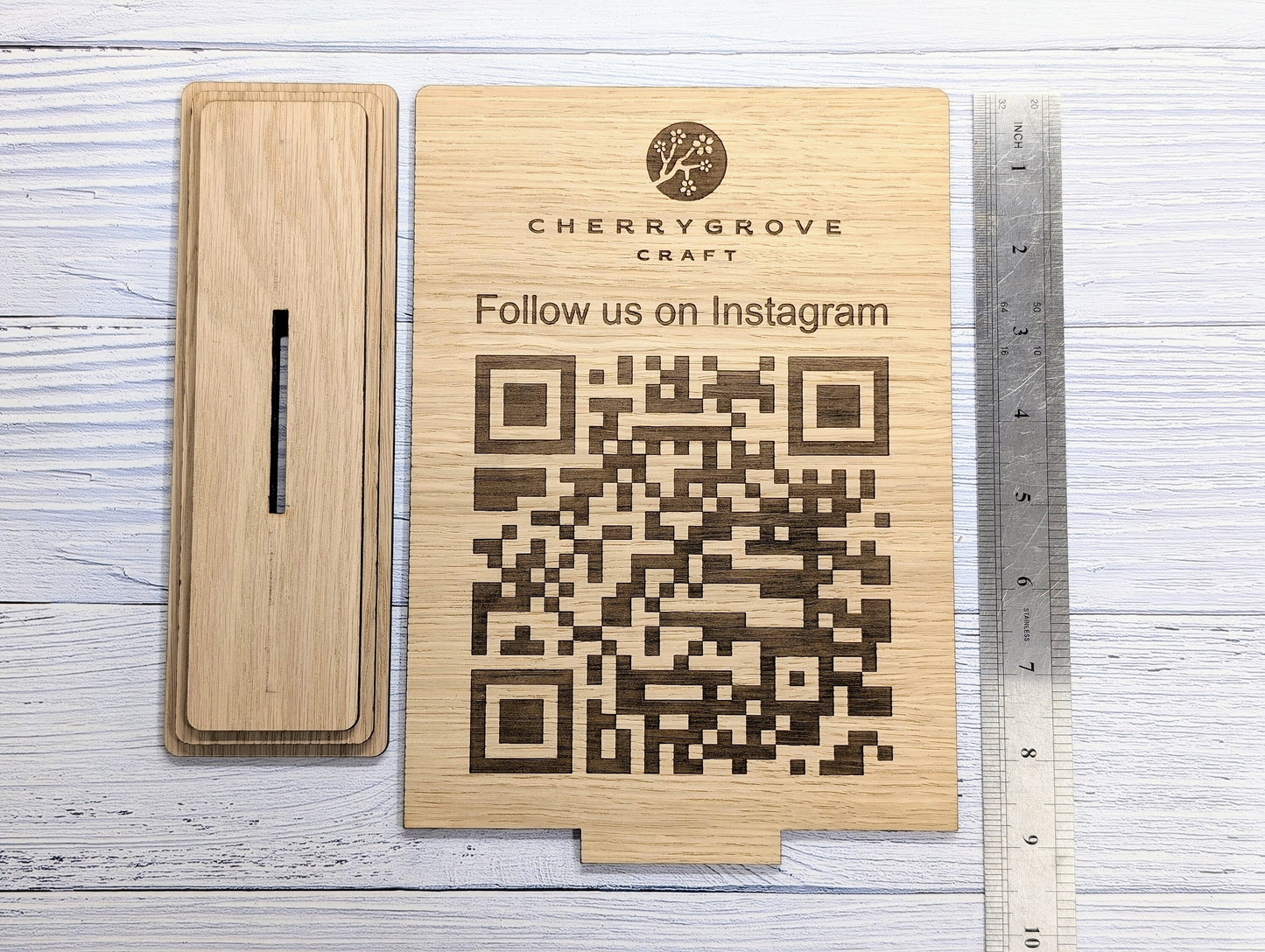 QR Code 'Follow Us on Instagram' Custom XL Wooden Table Sign, Personalised Logo & Social Media Link, Eco-Friendly, Business Use, Extra Large