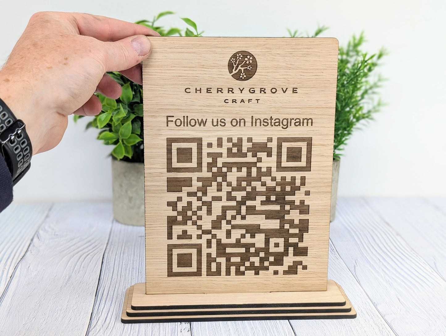 QR Code 'Follow Us on Instagram' Custom XL Wooden Table Sign, Personalised Logo & Social Media Link, Eco-Friendly, Business Use, Extra Large