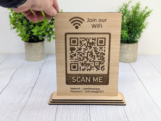 XL Wooden WiFi QR Code Sign, Eco-Friendly Custom Network Name and Password Table Display, Single or Double-Sided, Extra Large